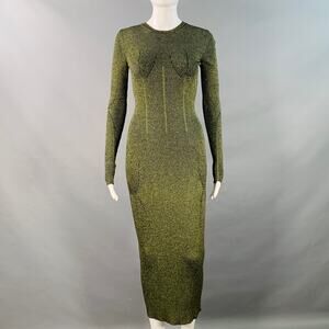 DEL CORE S Black Metallic Green Merino Wool Blend Rib Knit Long Cocktail Dress